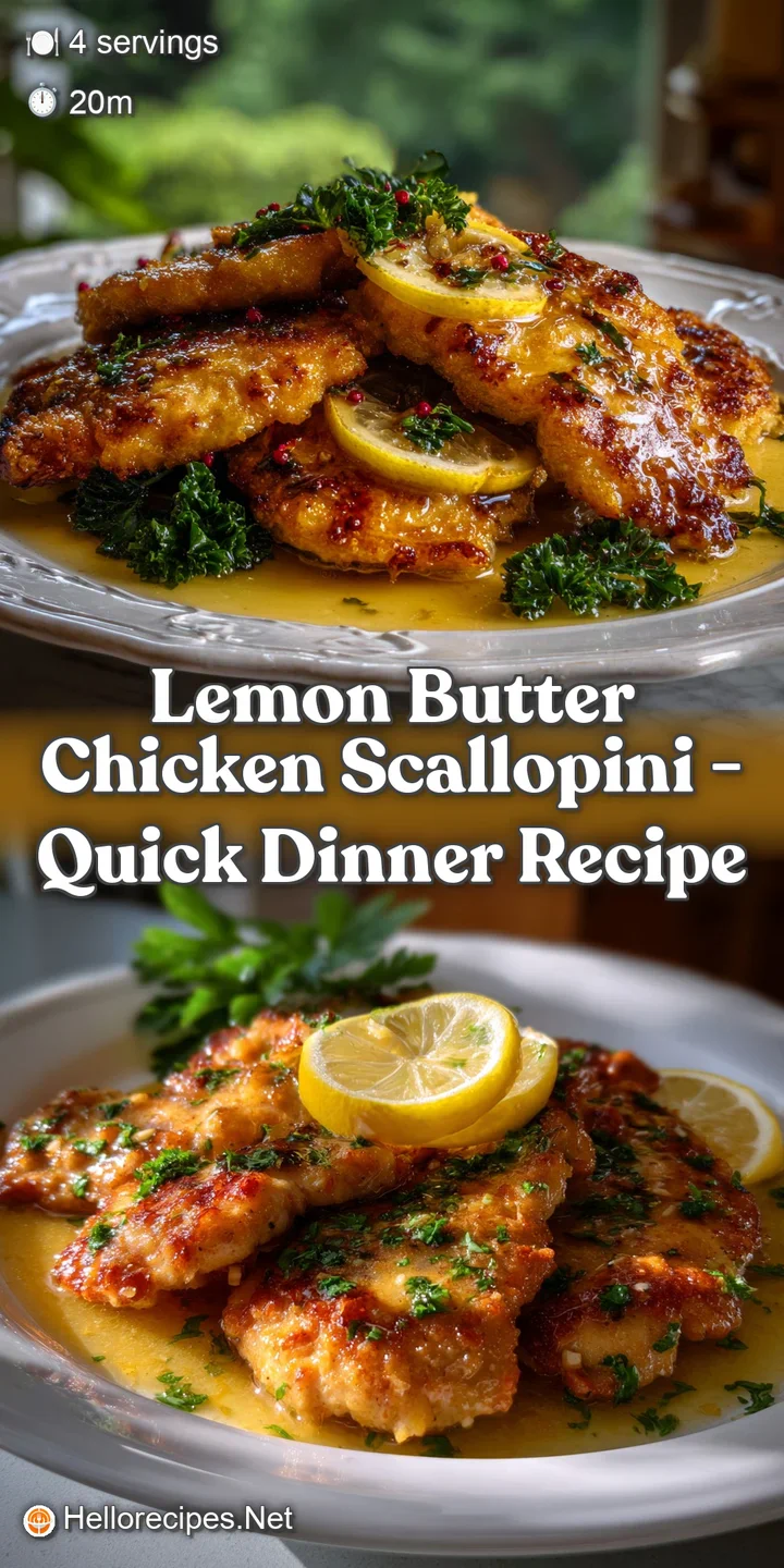 Close-up of sizzling chicken scallopini, glistening with lemon butter sauce. The golden-brown edges offer a textural contr...