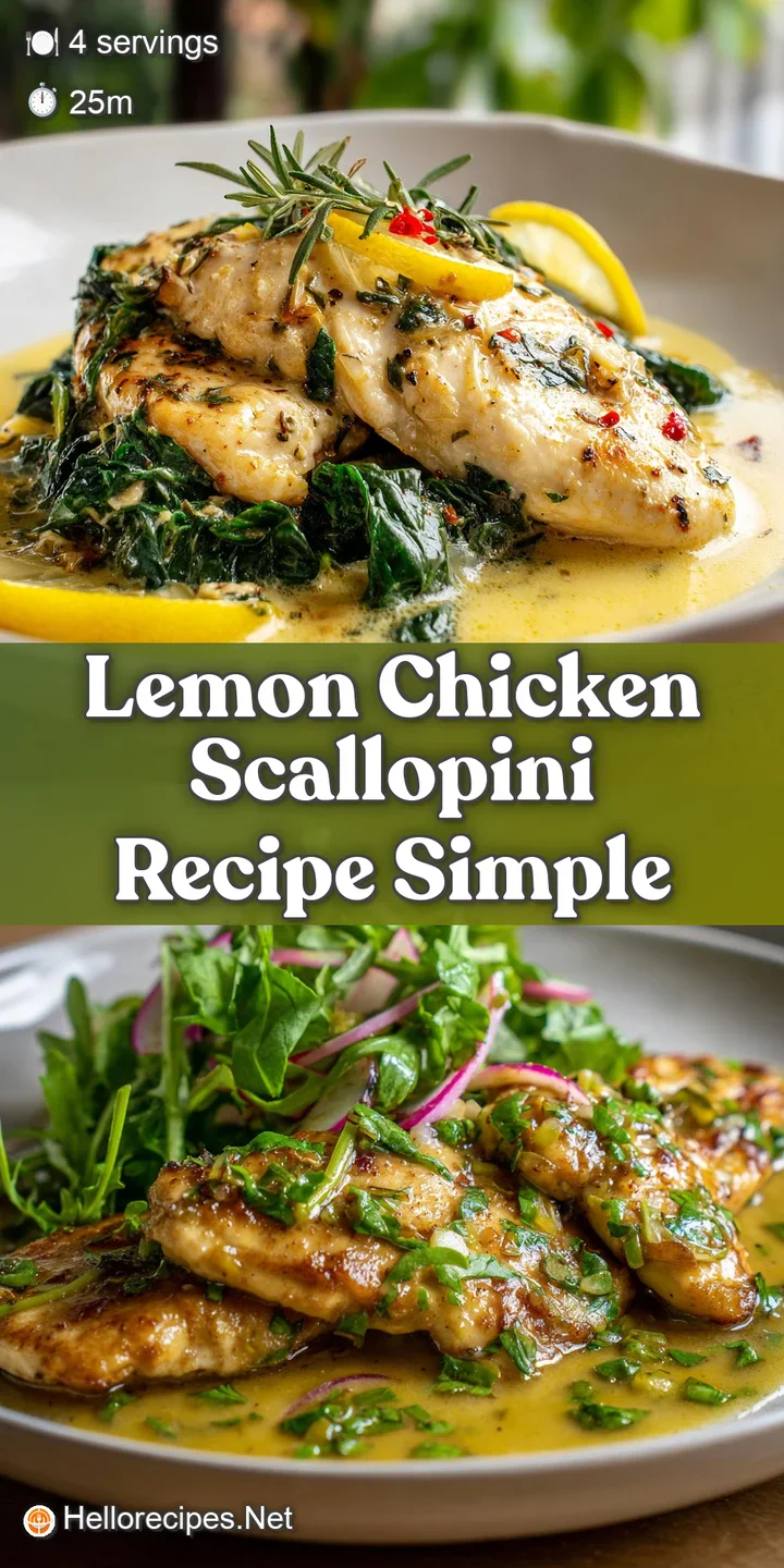 Close-up showcases juicy chicken scallopini bathed in a glistening, tangy lemon sauce with fresh parsley, inviting and fla...