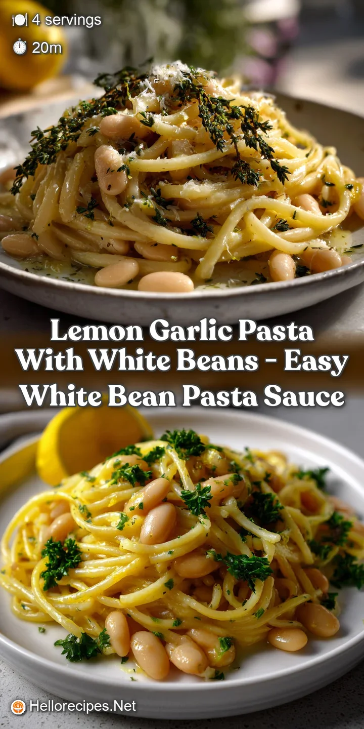 Silky pasta coated in a bright lemon sauce with creamy white beans, garnished with fresh herbs, and a sprinkle of red pepp...