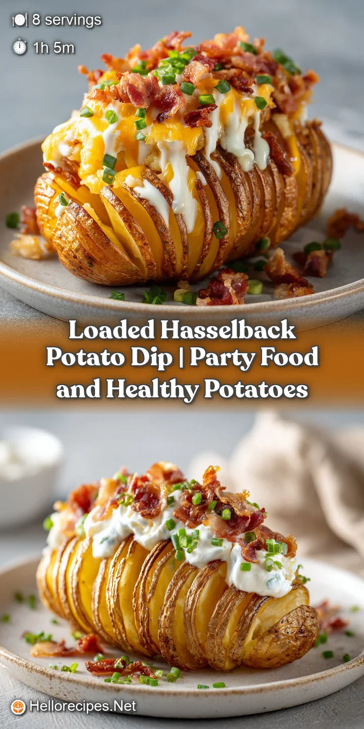 Close-up of a bubbling, cheesy dip nestled in a roasted hasselback potato, sprinkled with savory bacon and fresh herbs.