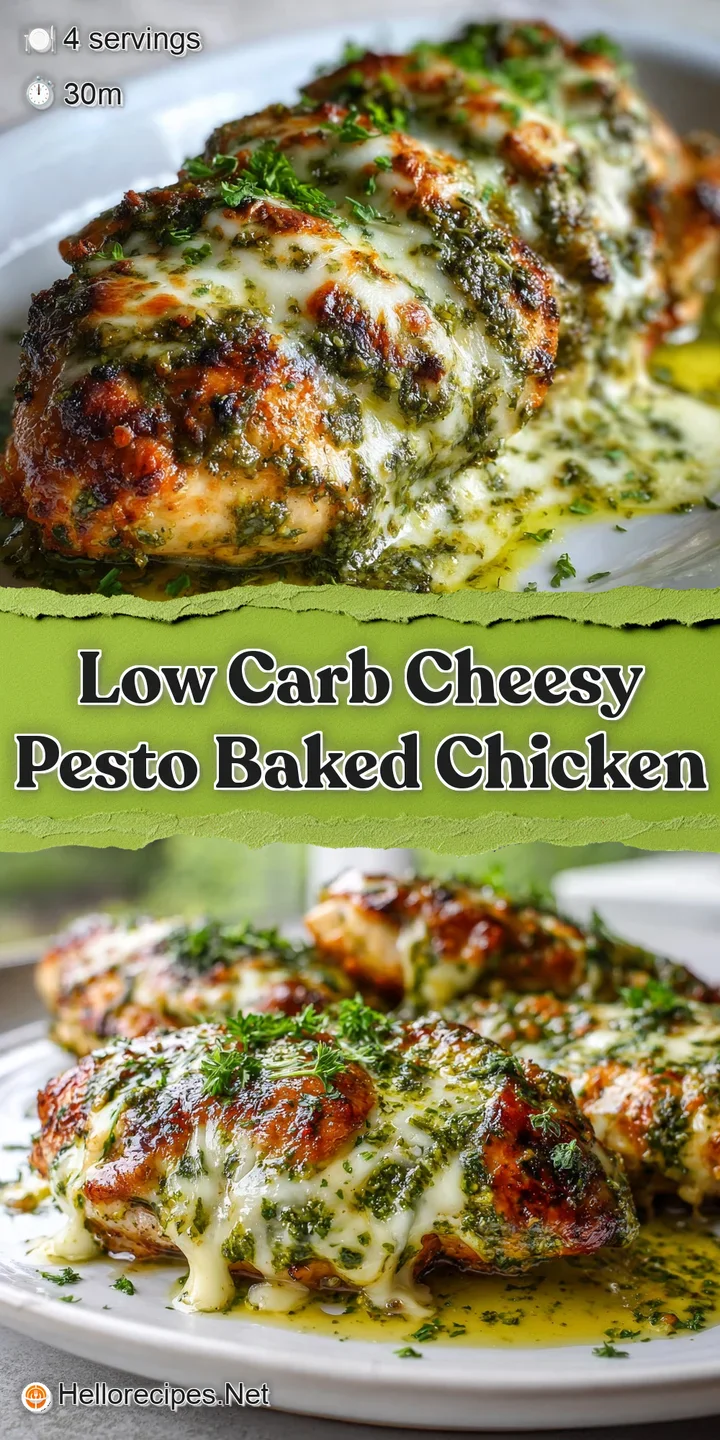 Close-up shows juicy chicken coated in pesto, topped with bubbly, browned mozzarella. A flavorful, cheesy, tempting bite.