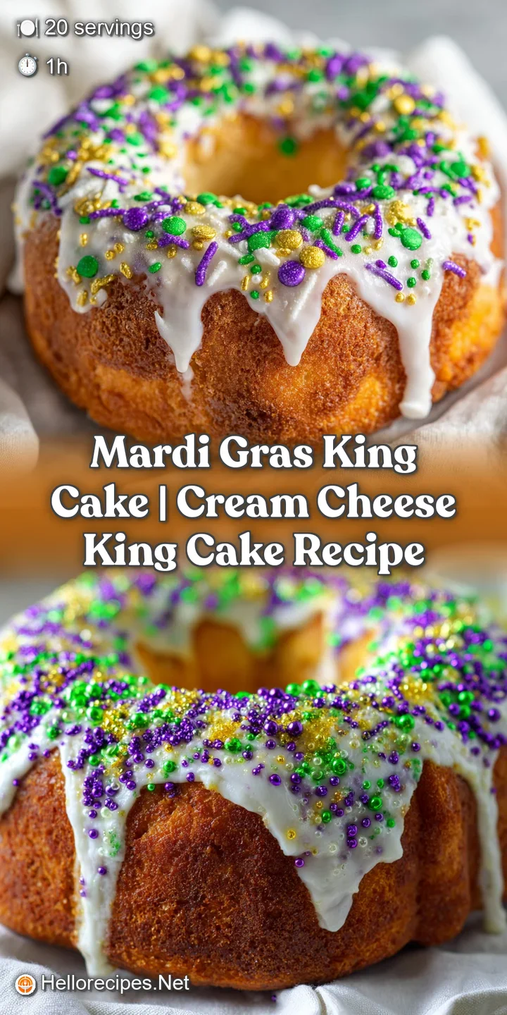 Close-up of a fluffy cake slice with rich cream cheese filling and glistening purple, gold, and green sugar.