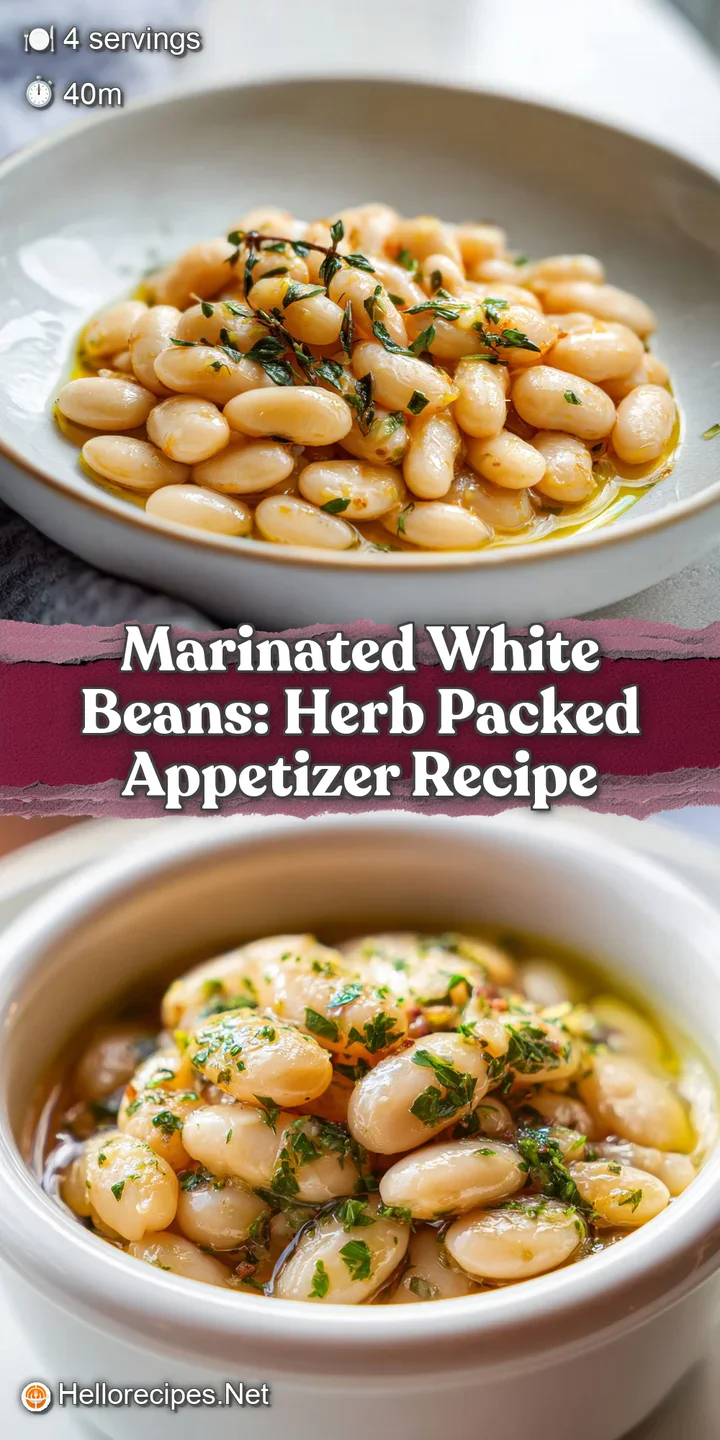 Close-up of plump, tender white beans bathed in olive oil, speckled with herbs. Crusty toast peeks from behind.