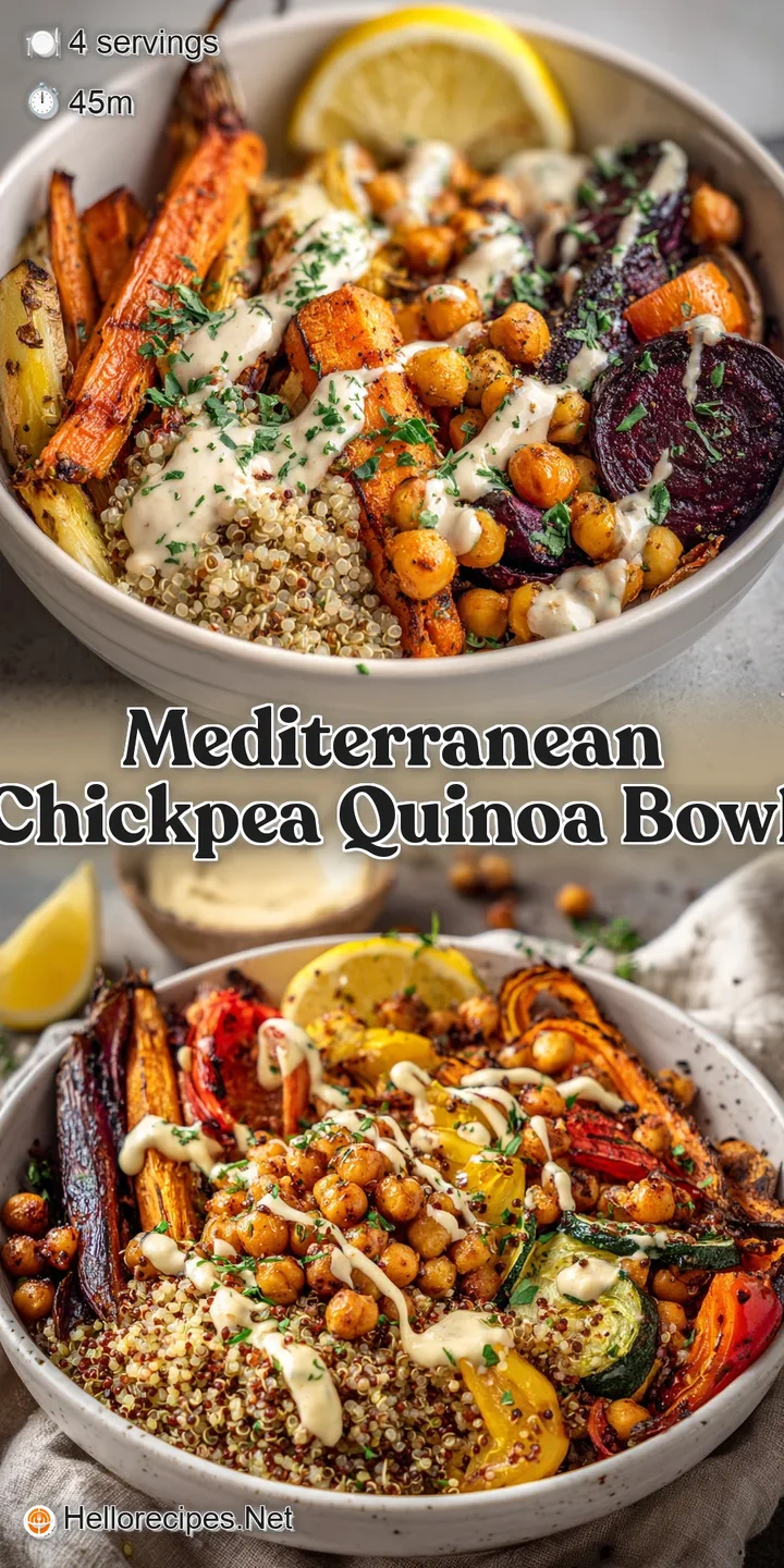 Close-up captures the textures: fluffy quinoa, tender chickpeas, and a luscious lemon-tahini drizzle inviting you to savor...