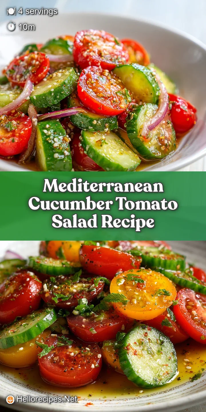 Close-up of a refreshing Mediterranean salad: plump, ripe tomatoes and cool cucumber slices drizzled with glistening olive...