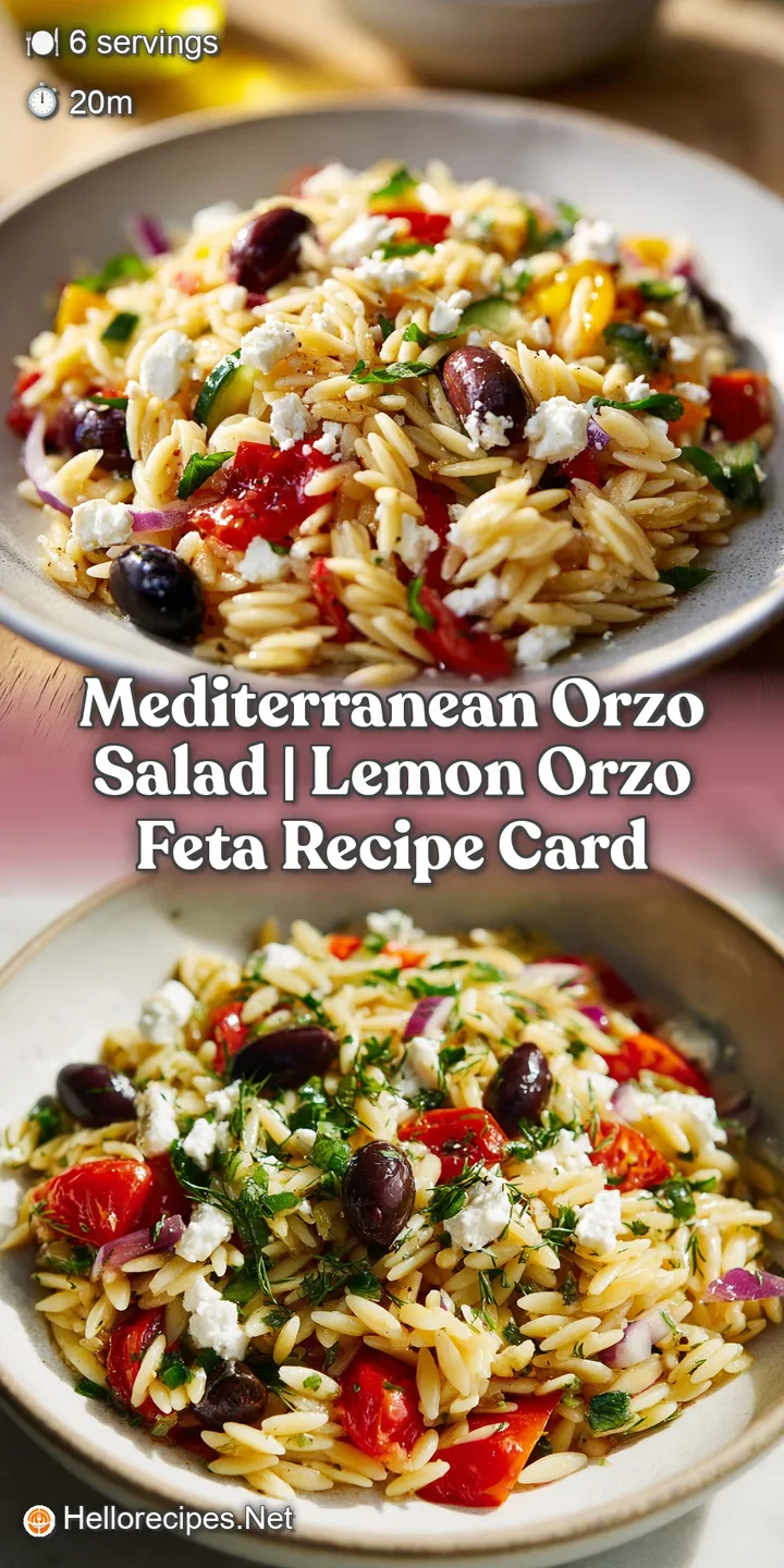 Close-up of a Mediterranean orzo salad showcasing the textures of the pasta, vegetables, creamy feta, and fresh herbs. App...