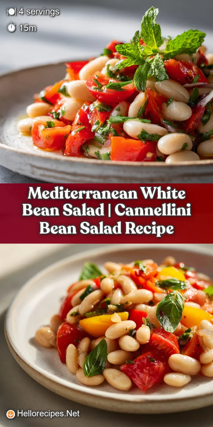 Close-up of a Mediterranean white bean salad showing the creamy texture of the beans and the juicy burst of a ripe tomato.