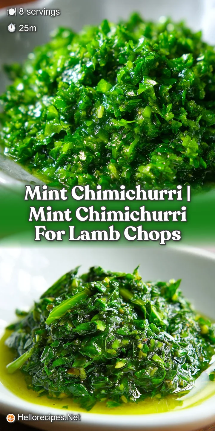 Close-up of a textured green herb condiment with glistening oil and tiny bits of garlic and red chili flakes.