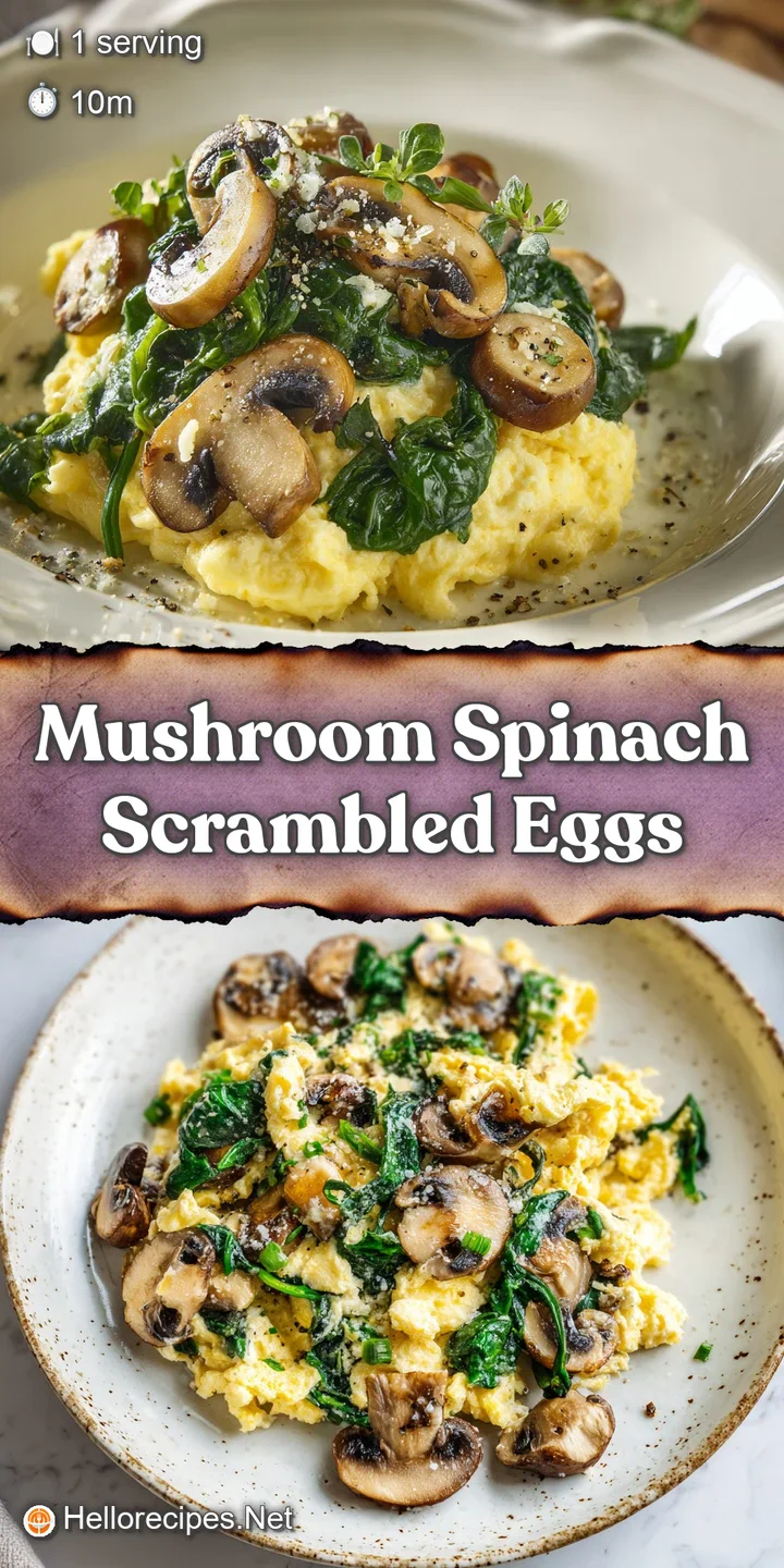 Close-up reveals creamy texture of scrambled eggs studded with savory mushrooms and vibrant green spinach, glistening with...