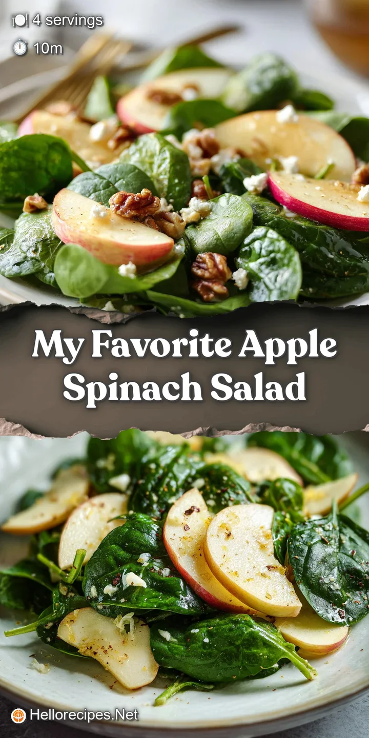 Close-up of a refreshing spinach salad: Crisp apple pieces, textured walnut halves, and creamy dressing glisten under natu...