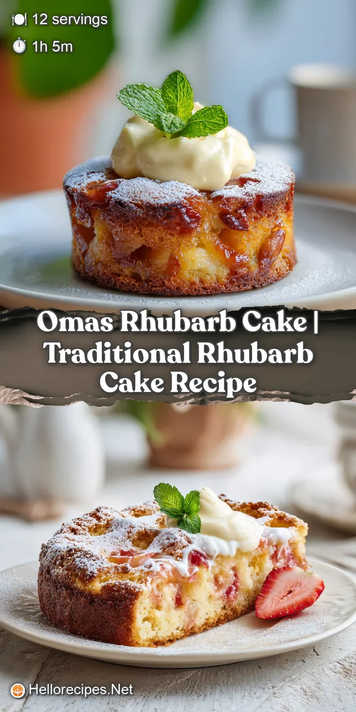 Close-up of vibrant pink rhubarb pieces baked into a fluffy, golden cake, pooling with rich, pale yellow custard.