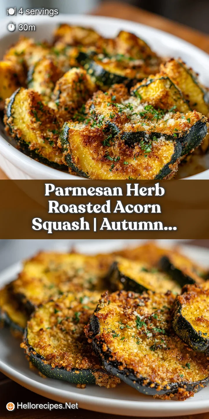 Macro shot of a caramelized squash ring with bubbly melted parmesan cheese and aromatic green herbs on top.