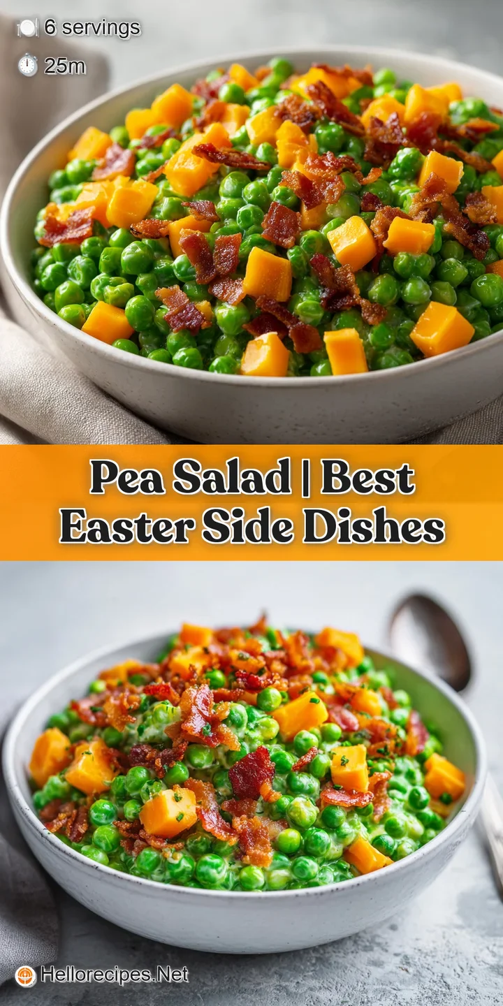 Extreme close-up of glossy green peas coated in creamy dressing with golden-brown bacon and bright yellow egg crumbles.