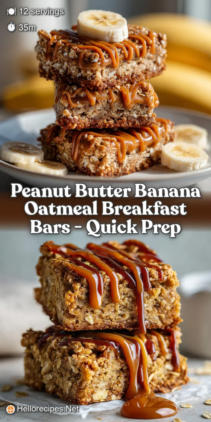 Close-up of a chewy oatmeal bar revealing soft, creamy peanut butter and sweet banana pieces. Warm, inviting colors and te...
