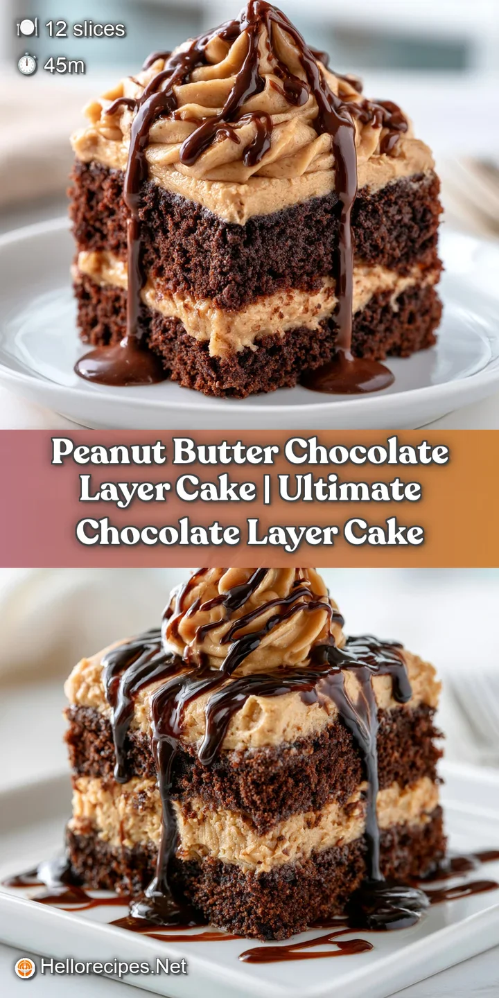 Close-up of a fork cutting into moist chocolate sponge, revealing a thick, creamy layer of smooth peanut butter frosting.