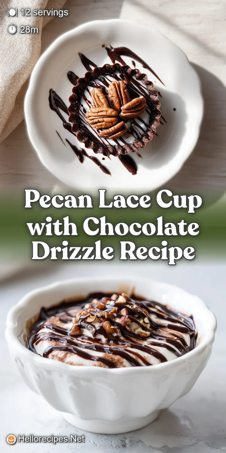 Close-up of pecan lace cookie cup with rich chocolate drizzle, emphasizing the delicate, almost translucent nut pattern.