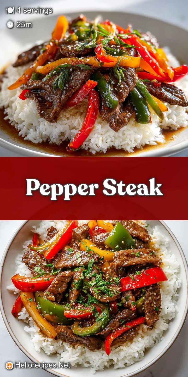 Close-up of juicy pepper steak, glistening with savory sauce, showcasing the texture of the tender beef and colorful peppers.