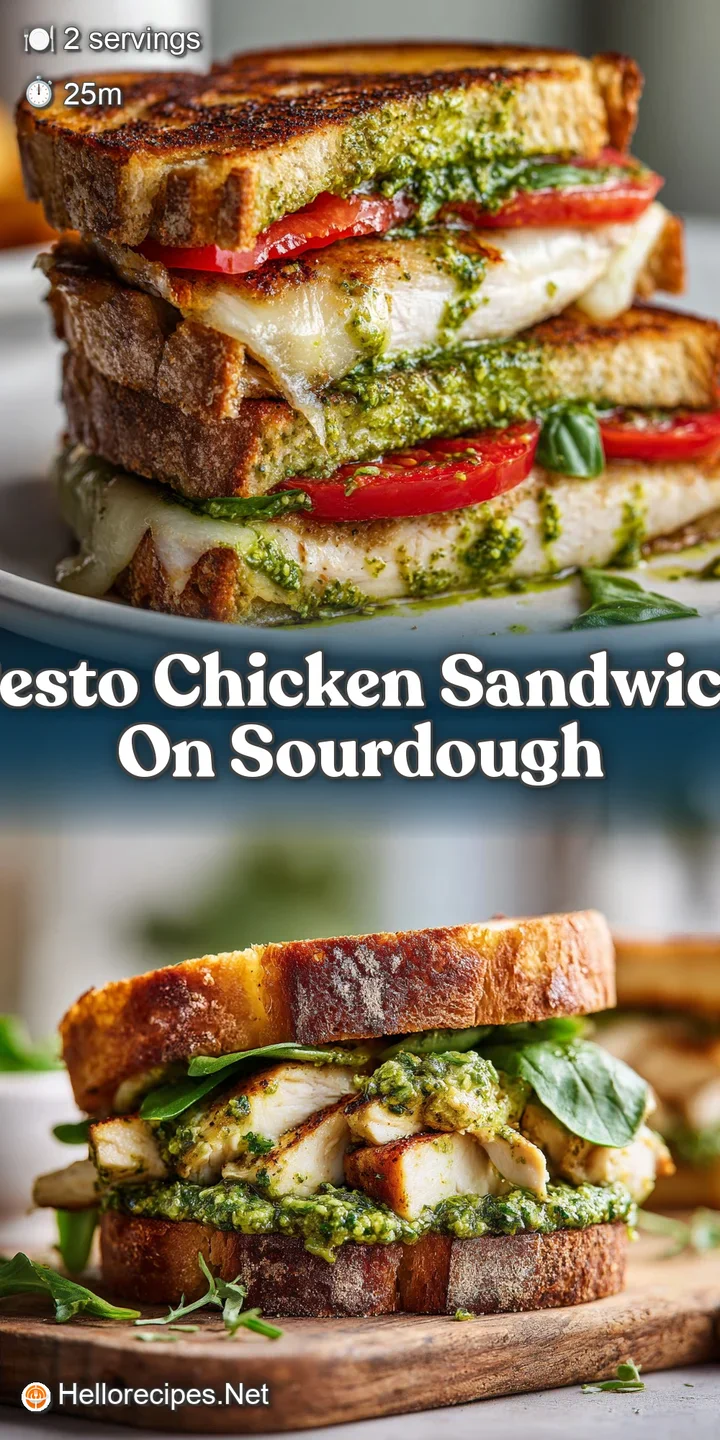 Close-up shows vibrant green pesto oozing from a chicken sandwich with browned, melted cheese on toasted sourdough.