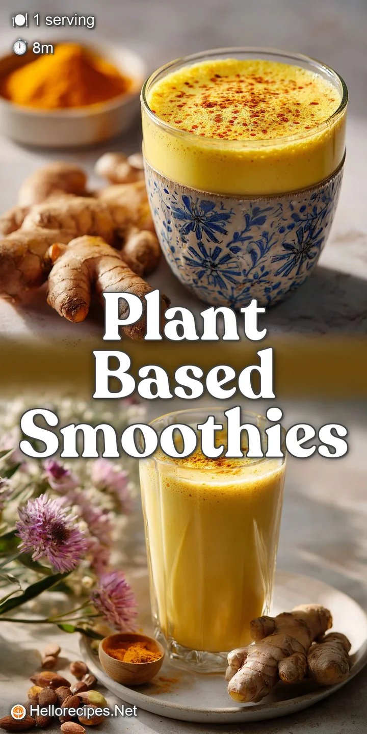 Close-up of a frothy, golden smoothie. Textures are thick and creamy with flecks of ginger and turmeric visible against th...