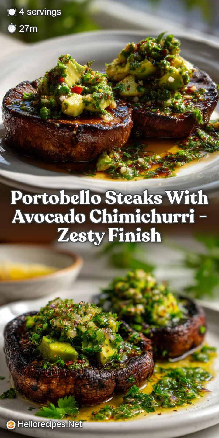 Close-up of a juicy portobello steak, glistening with chimichurri, alongside fresh avocado, inviting a flavorful experienc...