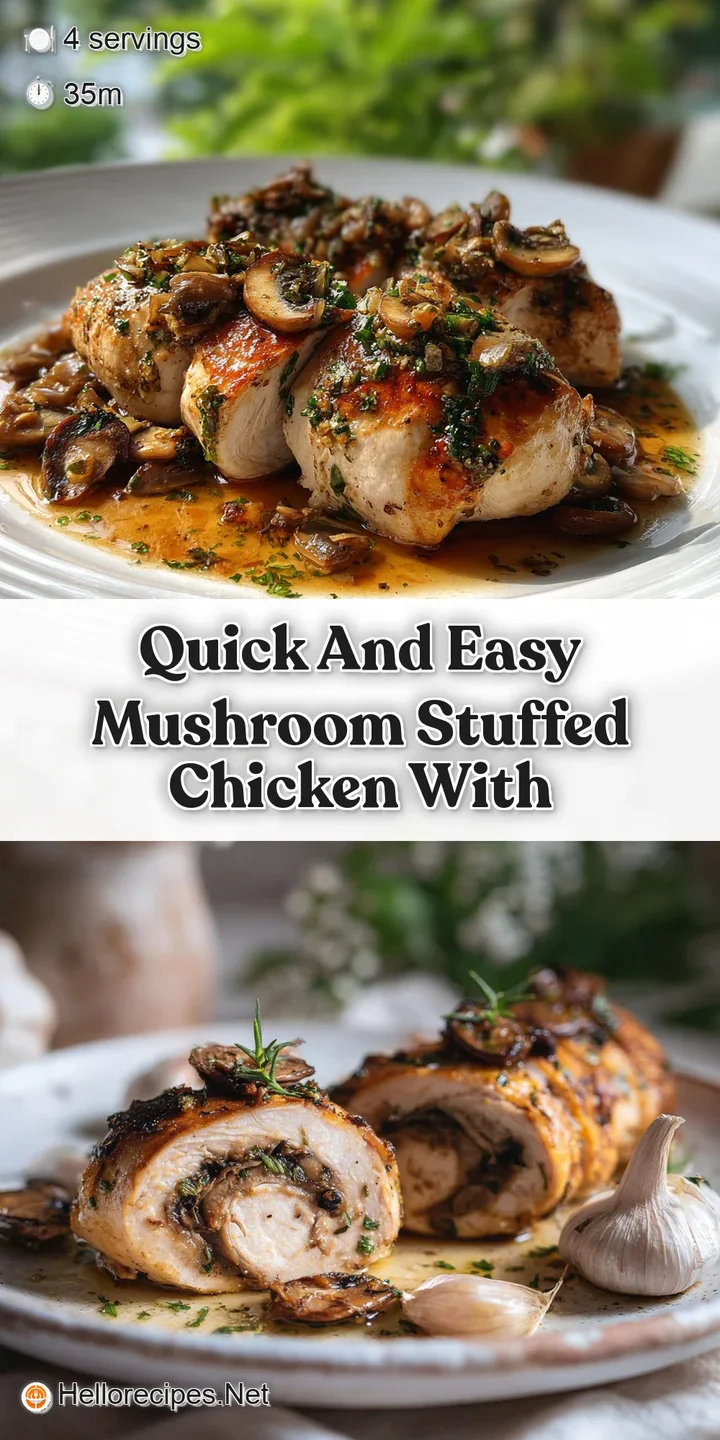 Close-up of a juicy chicken breast overflowing with rich mushroom stuffing, the garlic butter glistening on top. A temptin...