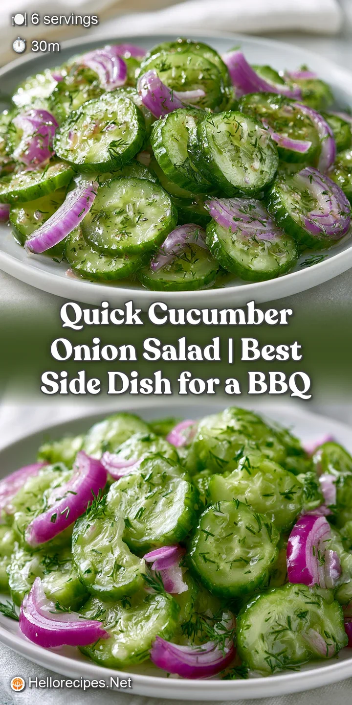 Close-up of crisp, glistening cucumber slices and red onion slivers dripping with a light, zesty vinaigrette.