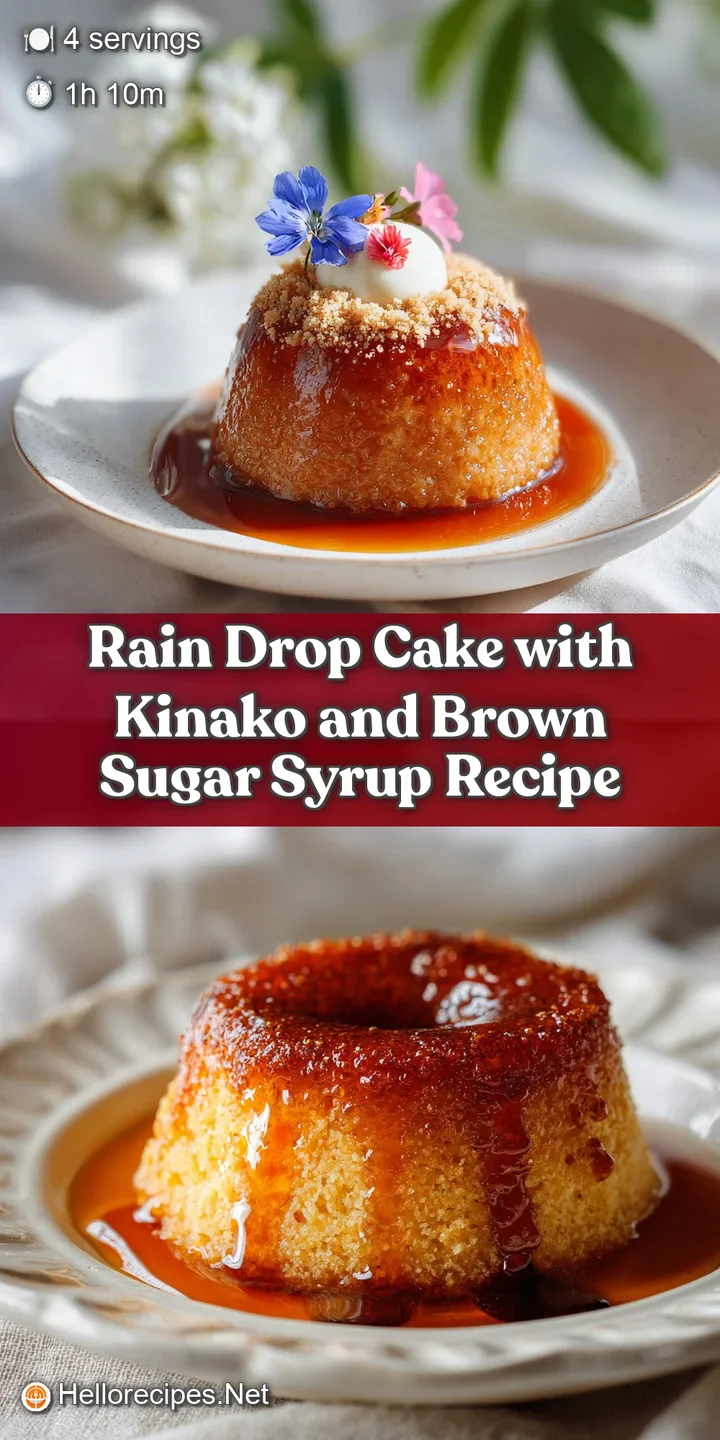 Close-up: A glistening raindrop cake, finely coated with tan kinako and a tempting swirl of rich, dark syrup. Delicious!