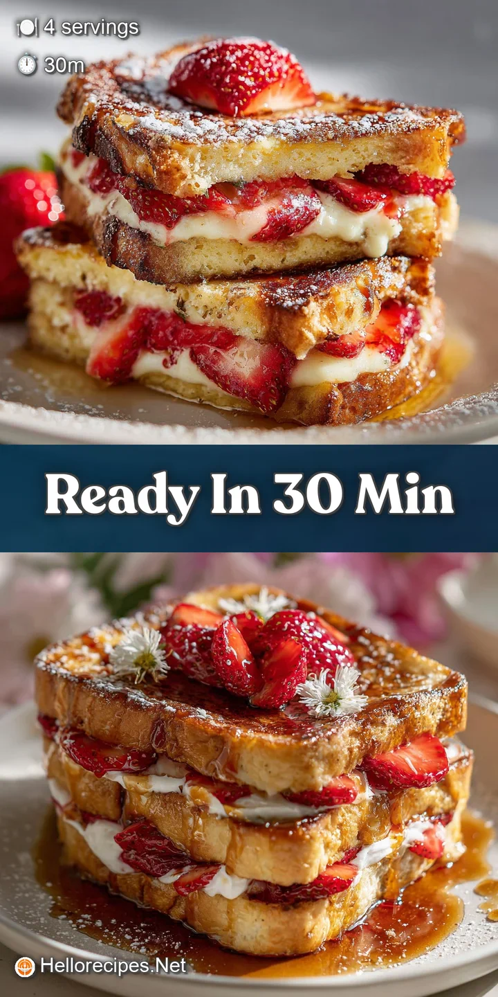 Close-up of fluffy French toast, showing the glistening syrup, juicy strawberries, and delicate texture of the toasted bread.