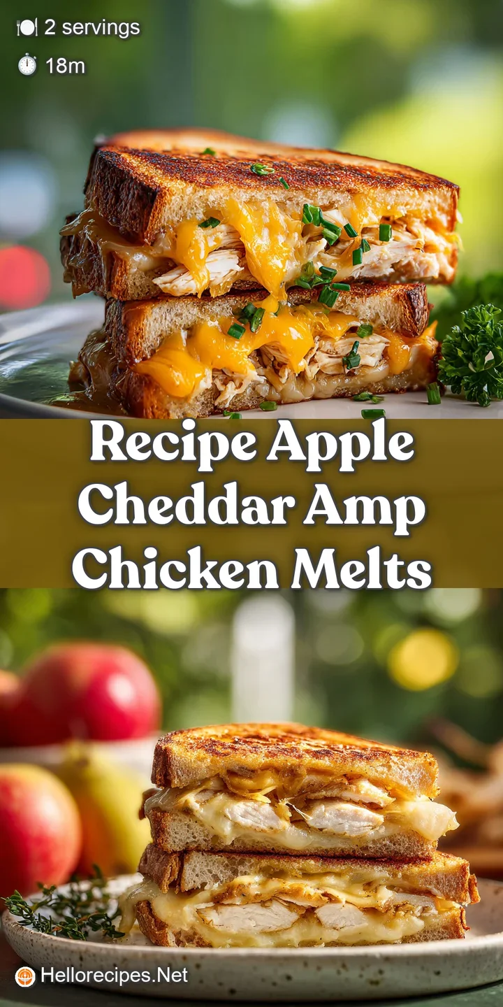 Close-up of a golden chicken melt oozing with melted cheddar. Diced apples glisten, hinting at a juicy, savory-sweet bite.