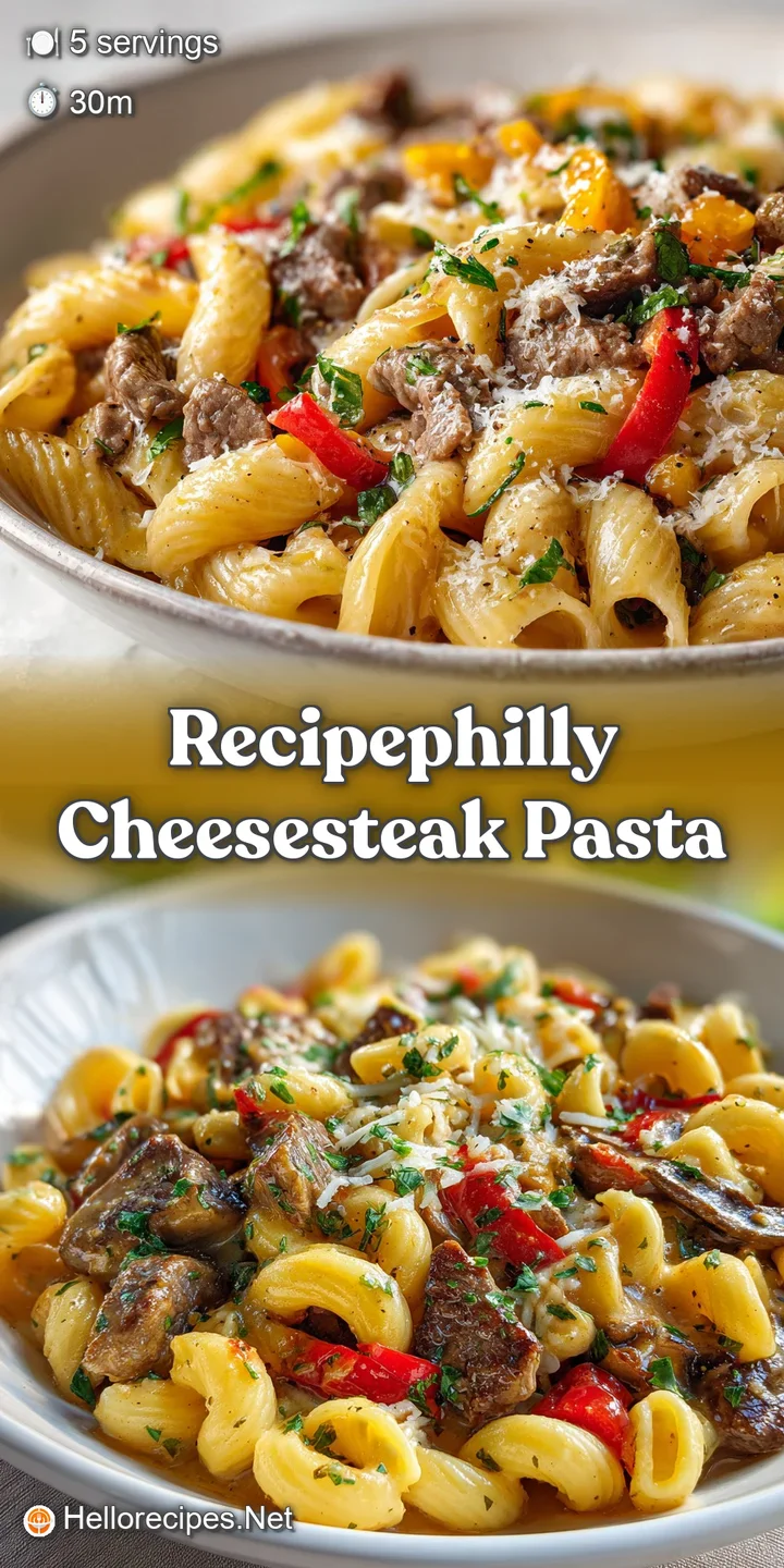 Close-up of Philly cheesesteak pasta bake, browned cheese, juicy meat, and vibrant herbs. Golden, creamy, bubbling and del...