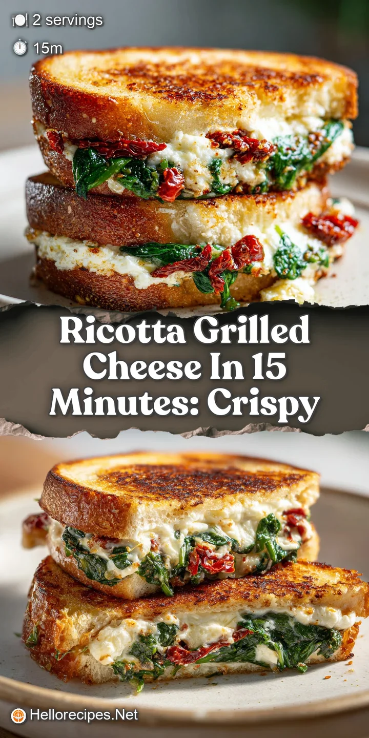 Close-up of a golden-brown grilled cheese, revealing soft, creamy ricotta filling. Warm and inviting with toasted bread te...