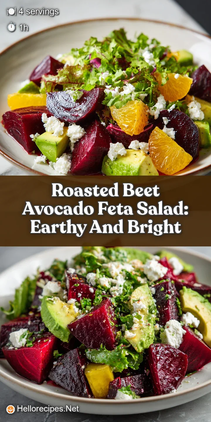 Close-up of beet salad: vibrant red beets, soft avocado, salty feta, glistening with olive oil dressing, look fresh and ap...