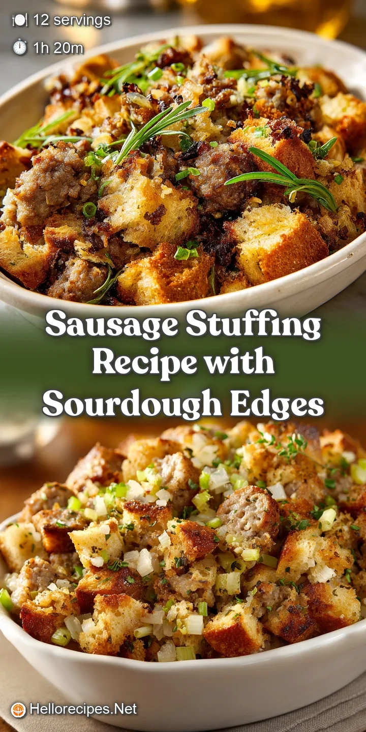 Close-up of moist sausage stuffing, showcasing the golden-brown crust, soft sourdough pieces, and savory sausage chunks.