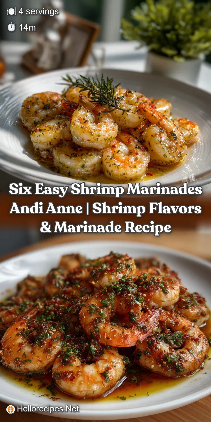 Close-up of succulent shrimp coated in a bright citrus marinade, showing glistening highlights and visible spice flecks. T...