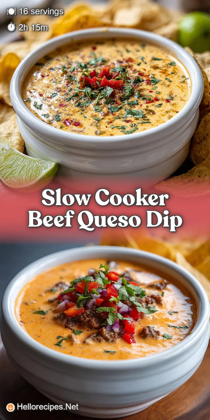 Close-up of bubbling, cheesy queso dip with savory beef, highlighting its smooth texture and enticing swirls of melted che...