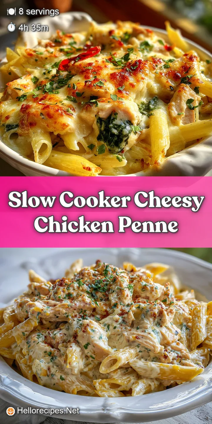 Close-up of cheesy penne oozing with creaminess; tender chicken pieces and browned cheese create an inviting texture.