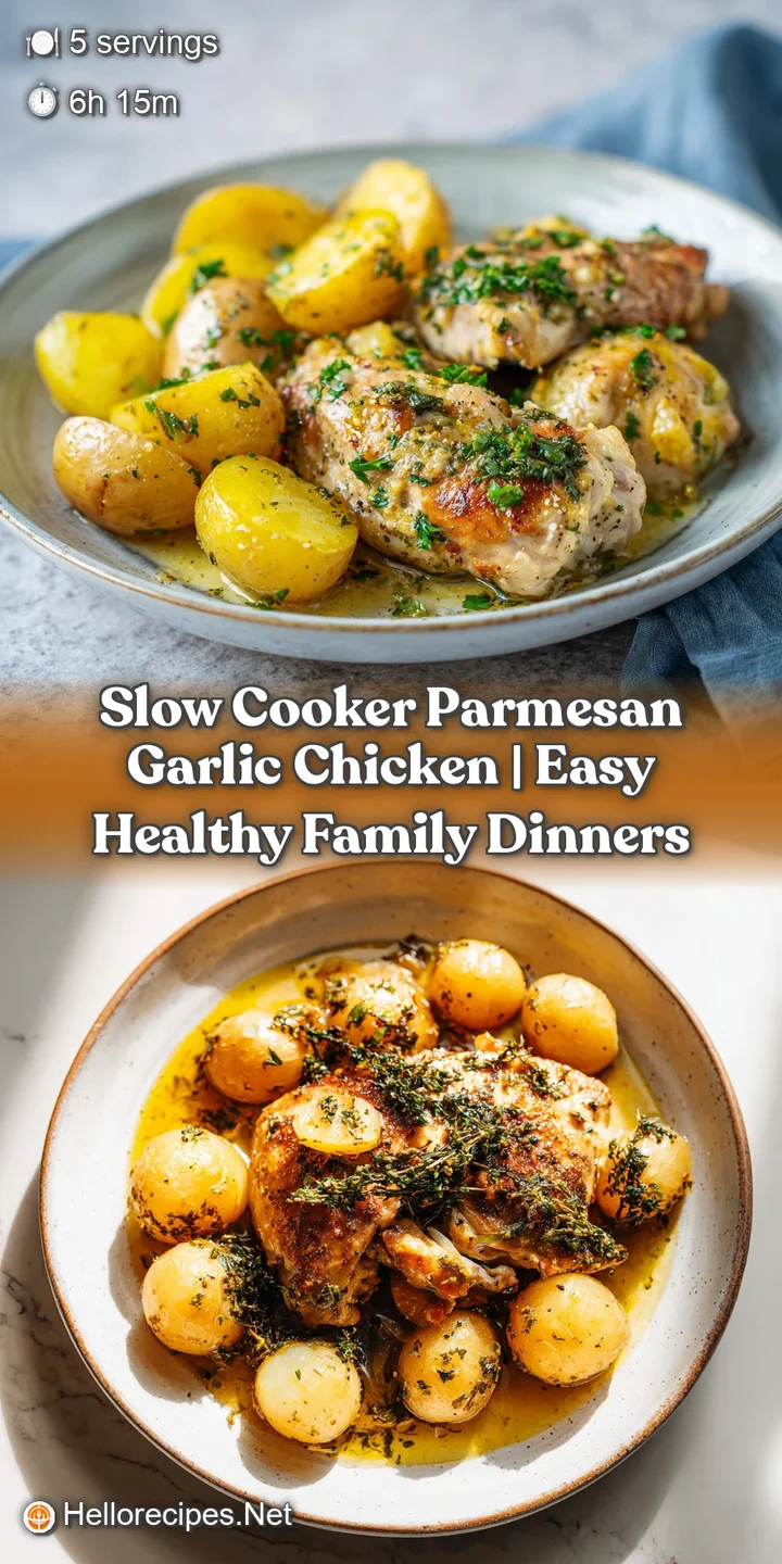 A close-up captures the succulent texture of slow-cooked chicken bathed in a rich, garlicky parmesan sauce.