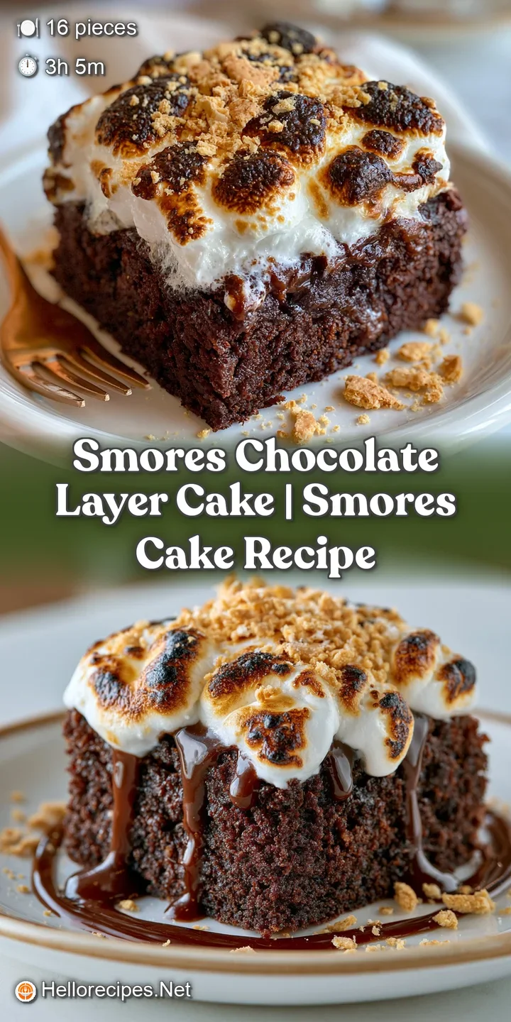 Macro view of charred, melted marshmallows atop a moist chocolate sponge with gooey, rich chocolate layers.