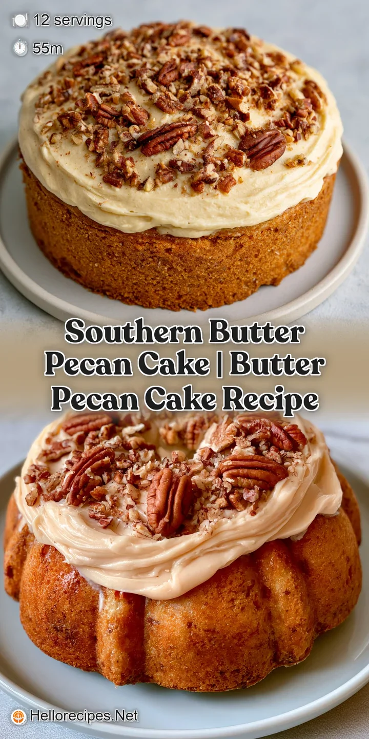 Close-up of moist golden cake crumbs layered with velvety brown frosting and pieces of salty toasted pecan nuts.