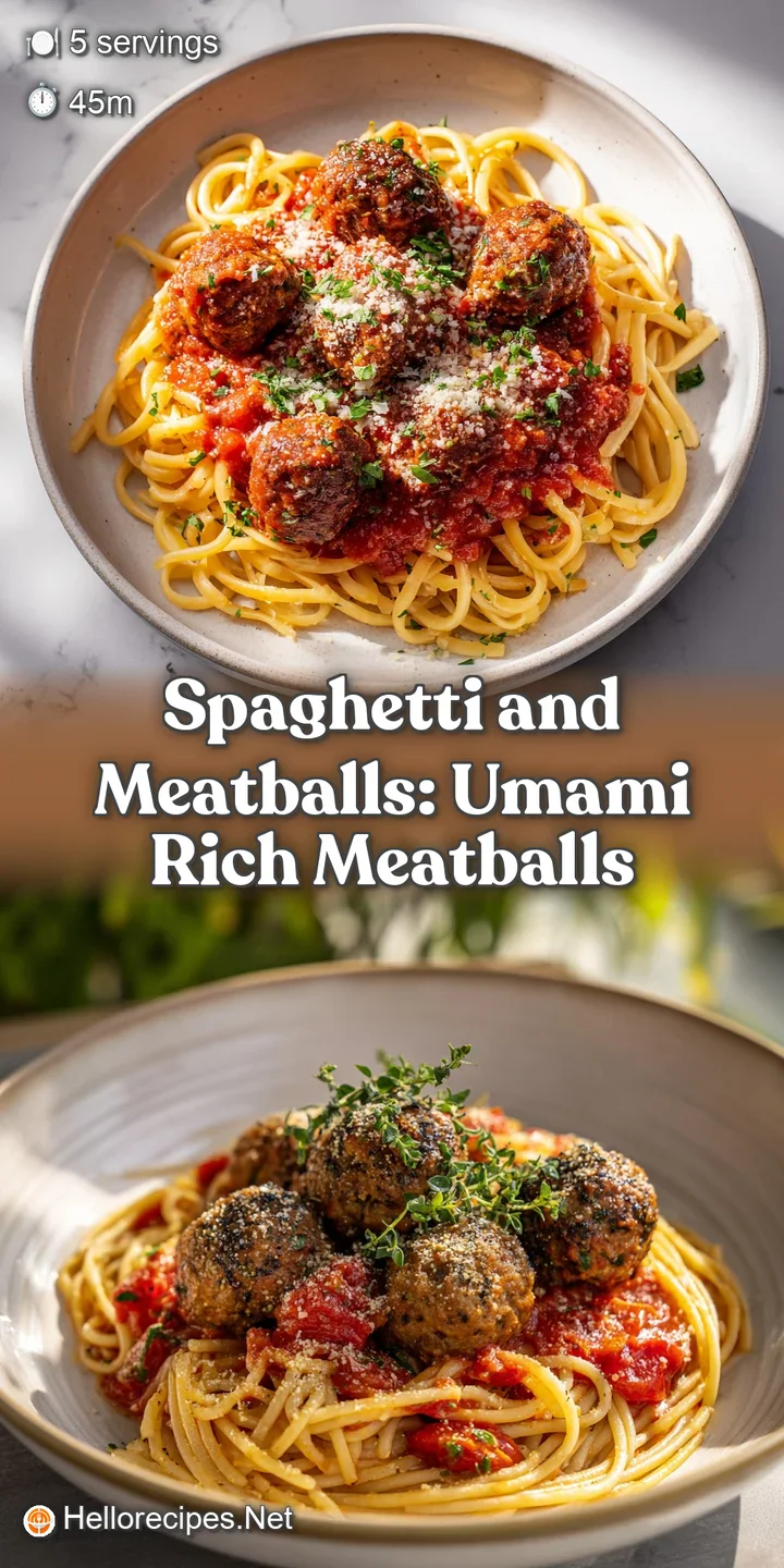 Close-up of glossy, red tomato sauce clinging to strands of spaghetti and a juicy, browned meatball, speckled with herbs.