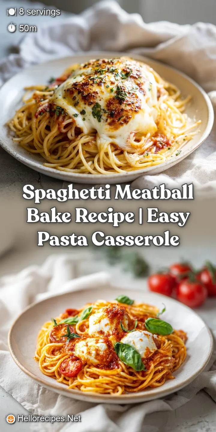 Close-up of tender spaghetti and savory meatballs in a vibrant, cheesy baked pasta dish.