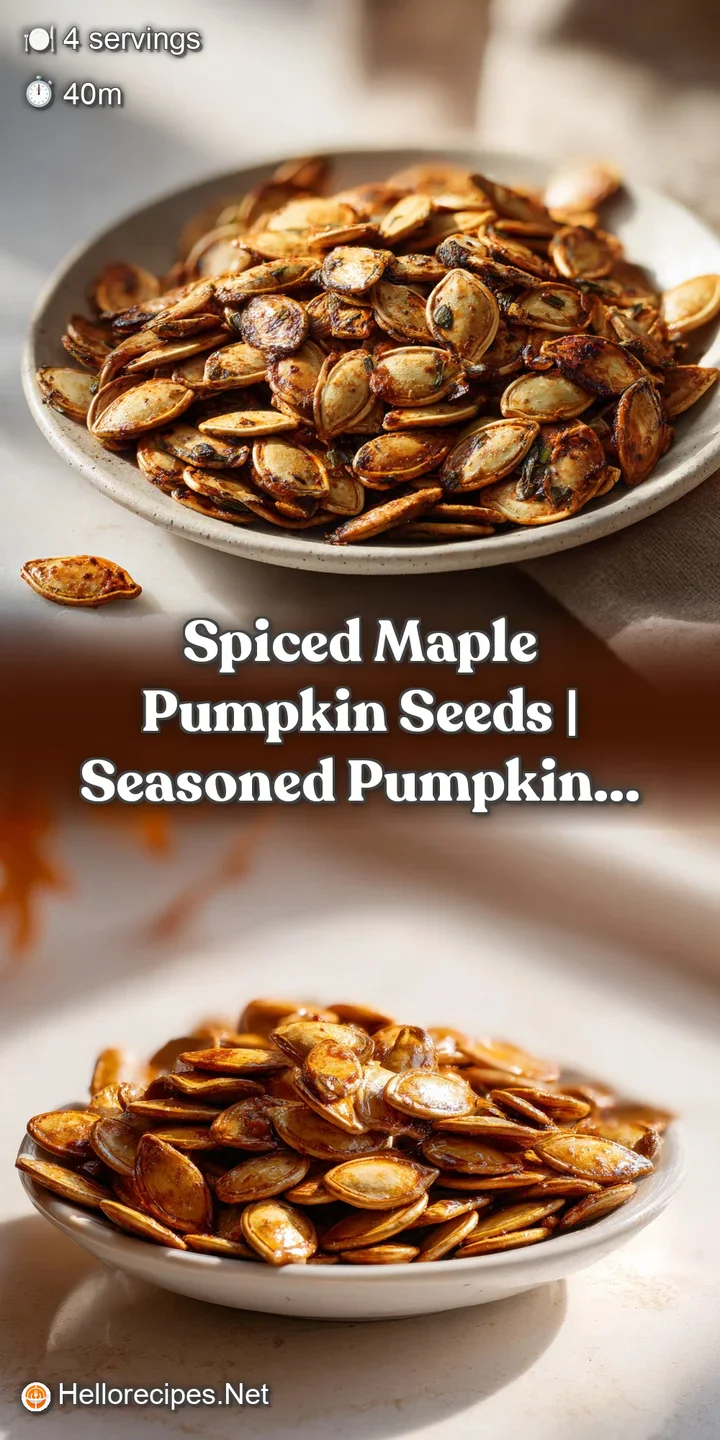 Close-up macro shot of a few plump, toasted pumpkin seeds with a rich, caramelized sheen and warm autumn hues.