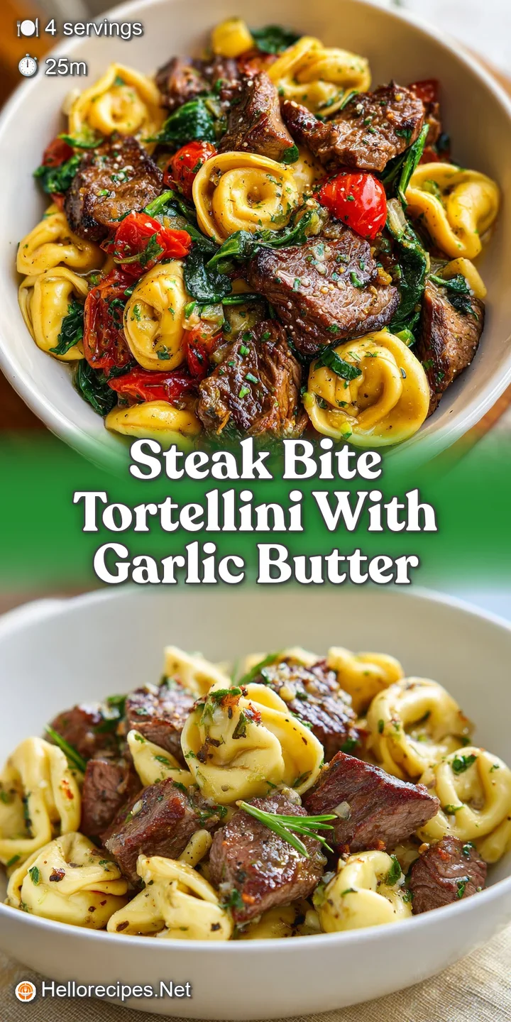 Close-up of steak bite tortellini: tender pasta, seared steak, and a glossy, flavorful garlic butter sauce that shines!