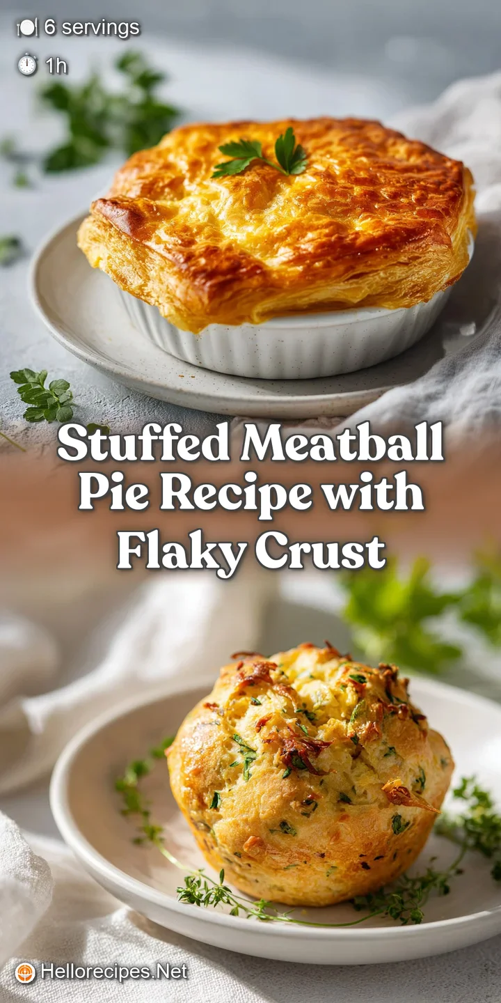 Close-up shot of the stuffed meatball pie: glistening tomato sauce, melted cheese, and perfectly browned meatballs burstin...