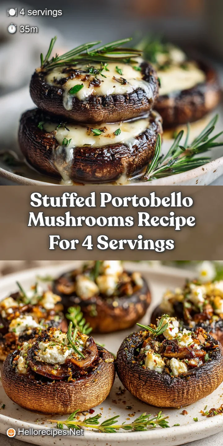 Close-up shows the rich, savory stuffing overflowing from a glistening portobello cap, hinting at a warm, umami-rich flavor.