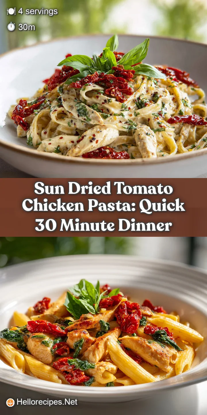 Close-up of glistening sun-dried tomatoes and tender chicken pieces nestled in a creamy pasta, promising a flavorful bite.