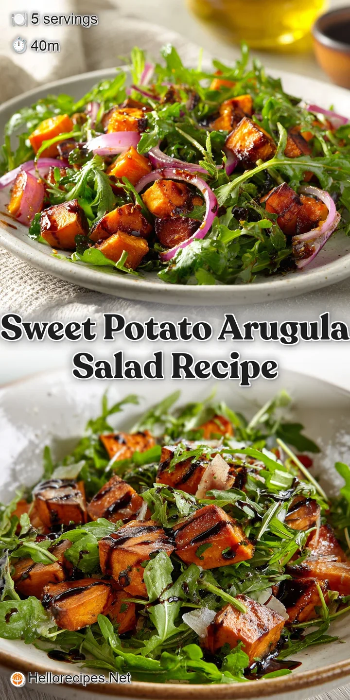 Close-up reveals the texture of roasted sweet potatoes, bright red pomegranate arils, and leafy greens in a sweet & tangy ...
