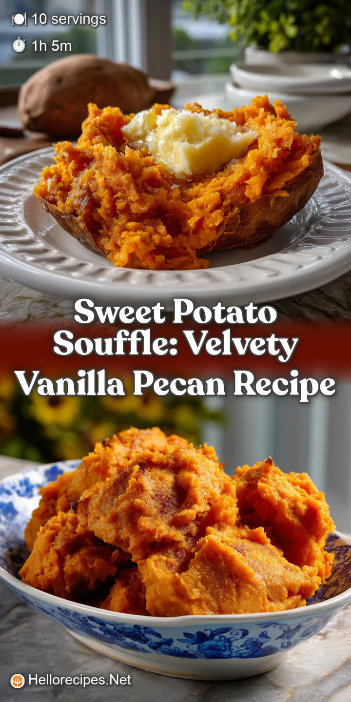 Fluffy, golden-brown sweet potato souffle with a textured pecan crust, served in a ramekin. Airy, cloud-like, and inviting.