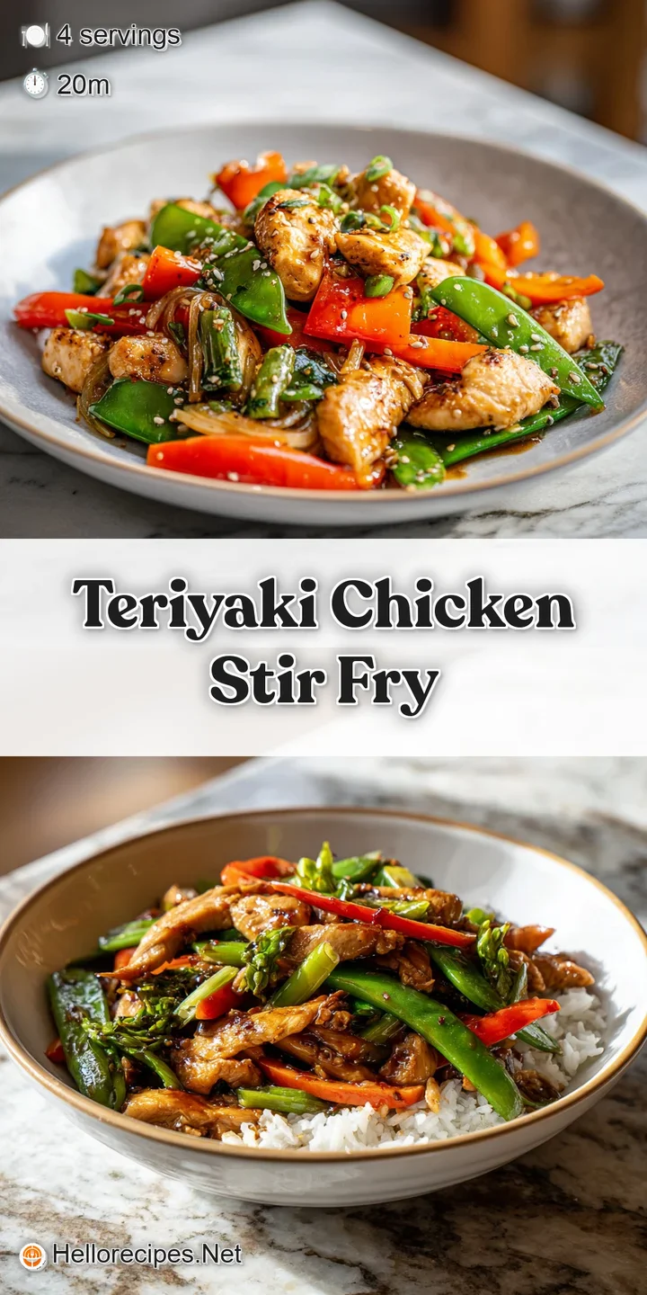 Close-up showcases juicy teriyaki chicken amidst vibrant bell peppers and broccoli. The sauce is thick, glistening, and in...