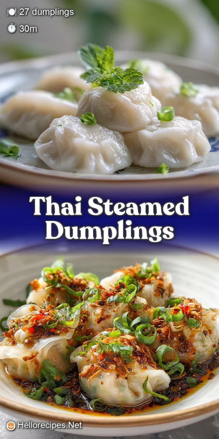 Close-up of a plump, glistening Thai dumpling with visible herbs, showcasing the soft, yielding texture and savory sauce c...